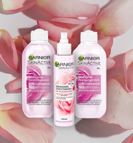 Garnier Skin Active Produkte und Rosenblätter